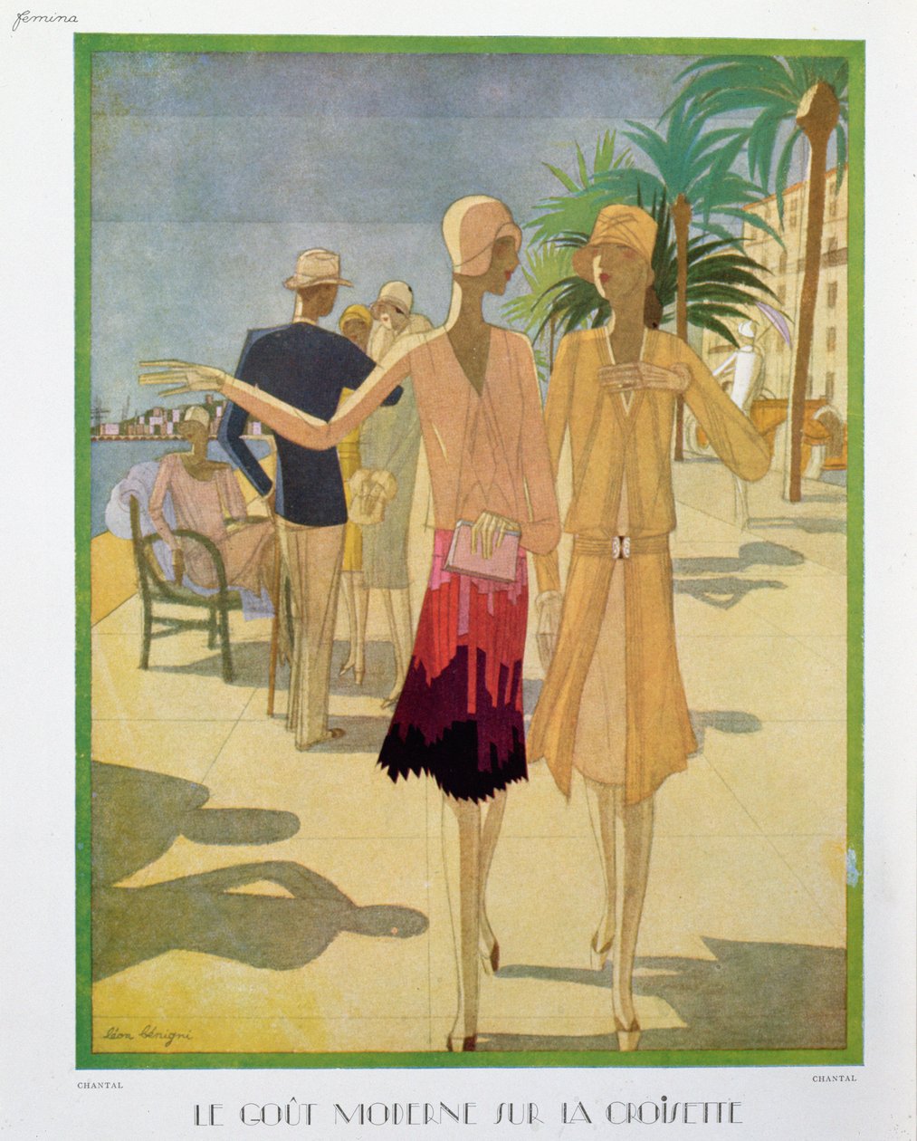 カンヌのクロワゼット プロムナードを散歩するファッショナブルな人々、「Femina」マガジンのイラスト、1927 年のクリスマス (カラー リソ) 作： レオン・ベニーニ