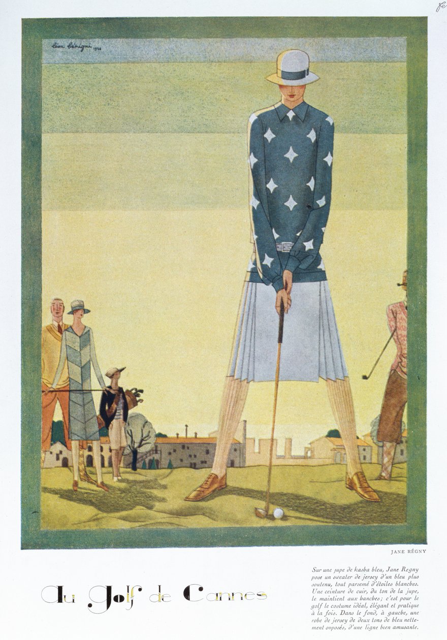 Jane Regny によるゴルフ ドレスのデザイン、「Femina」誌のファッション プレート、1926 年のクリスマス (カラー リソ) 作： レオン・ベニーニ
