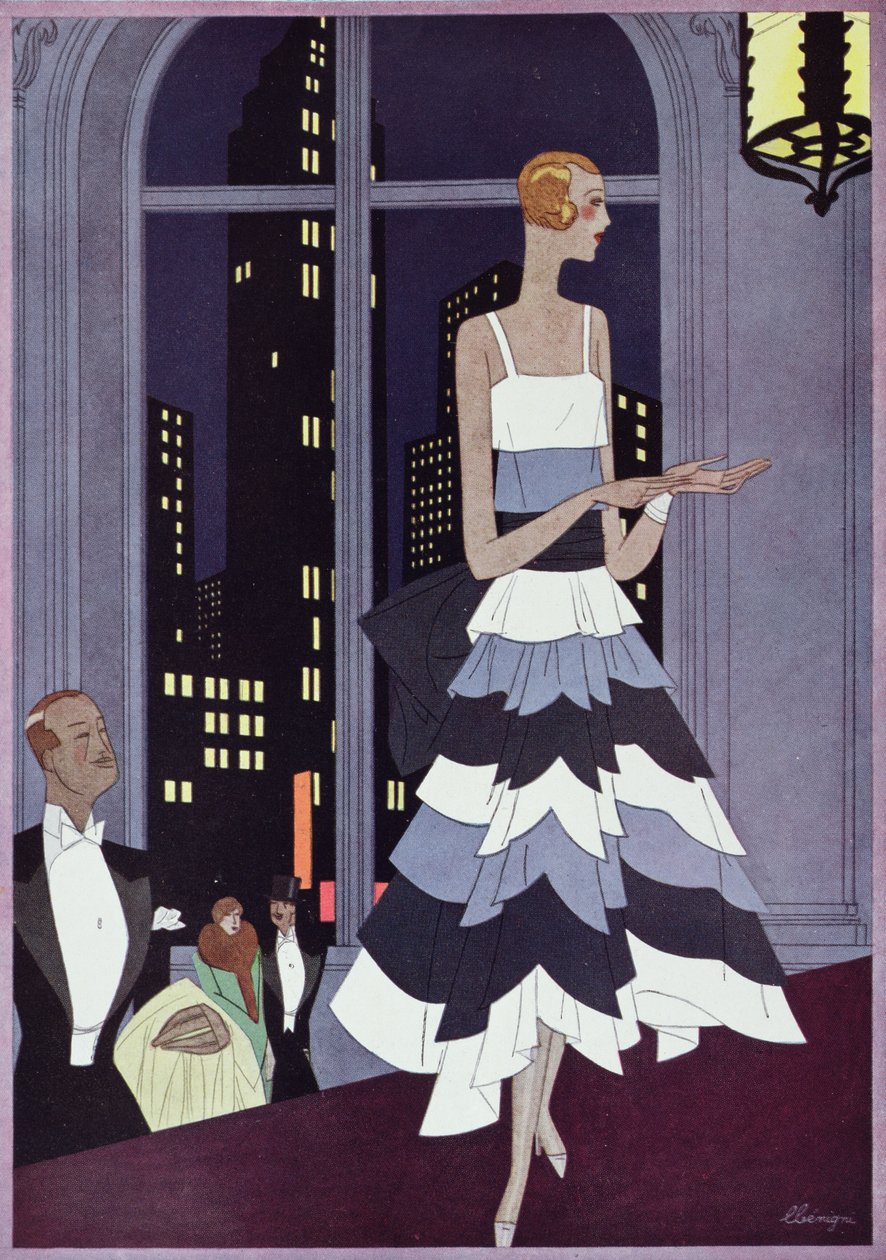 ニューヨークの超高層ビルの目の下、ファッションプレートフォーム「フェミナ」誌、1928年12月（カラーリソ） 作： レオン・ベニーニ