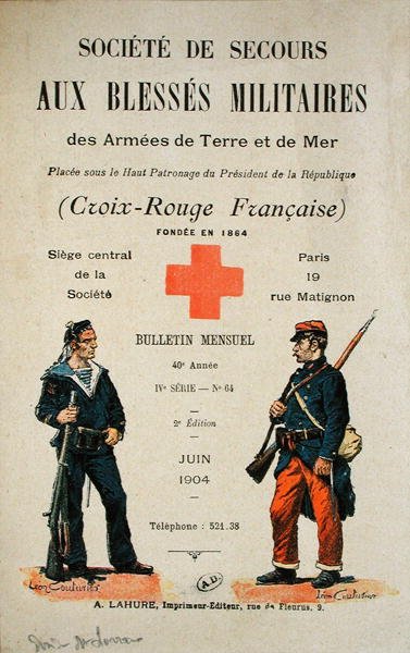 1904年6月、「Societe de Secours aux Blesses Militaires des Armees de Terre and de Mer」の月刊誌の表紙（カラーリトグラフ）。 作： レオン・クトゥリエ