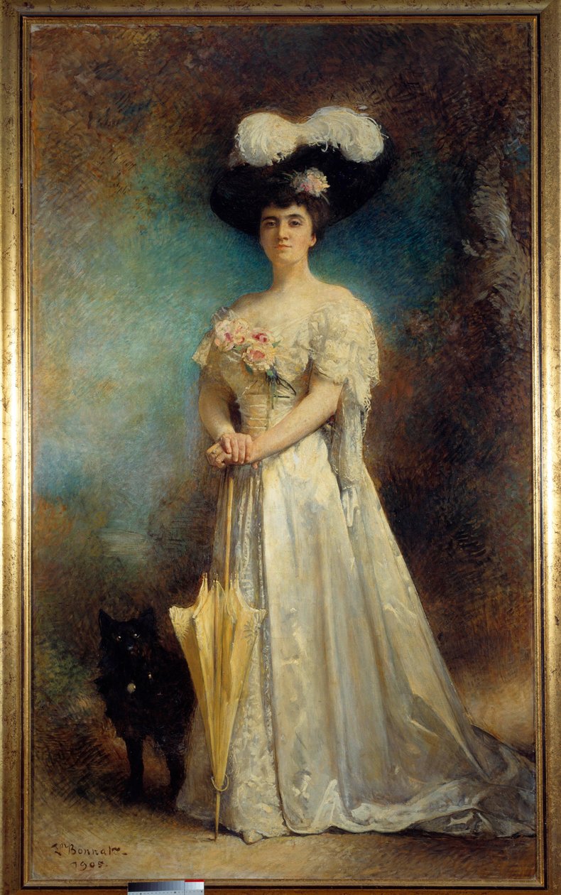 Portrait en pied de madame Maurice Pascal et son chien Tiny レオン・ジョセフ・ボナ（1833-1922）の絵画 1905 Sun.2,17x0,9 m Pau, musee des Beaux Arts - モーリス・パスカル夫人と愛犬タイニーの全身像。レオン・ジョセフ・ボナの絵画（1833-19 作： レオン・ジョセフ・フロレンティン・ボナ