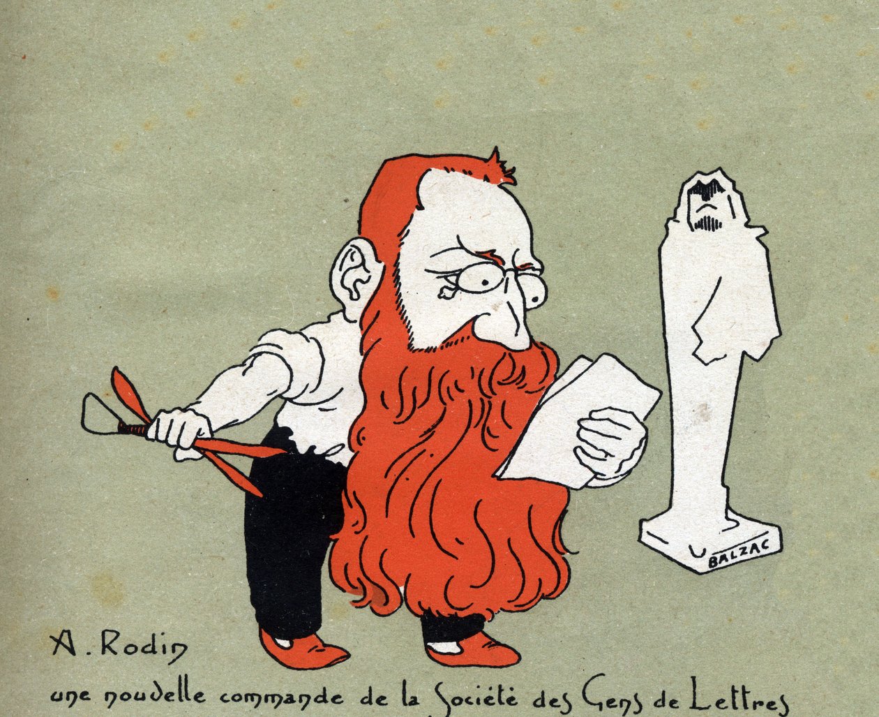 Societe des gens de lettres (バルザックによる彫刻) からの新しい委員会によるオーギュスト ロダンの漫画 - Leon Lebegue (1863-1944) によるイラスト - 「Le sun-du-dimanche」の彫刻 作： レオン・レベグ