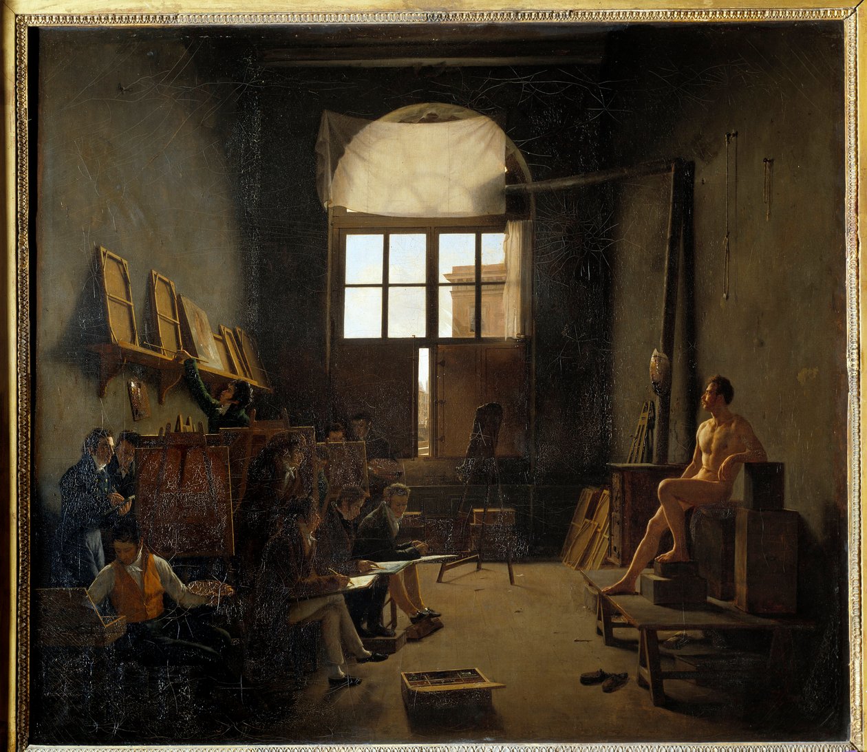 1814年、四国の大学（現在のフランス学士院）にあったダヴィッドのアトリエの内部。マチュー・コシェロー（1793-1817）の絵画 作： レオン・マシュー・コシュロー