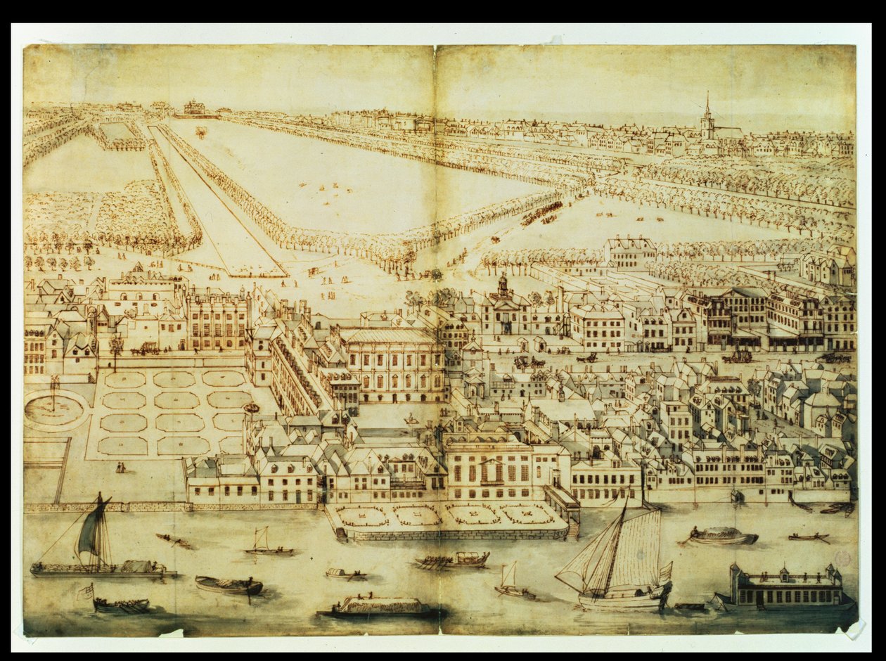 ホワイトホール宮殿の鳥瞰図、c.1695（インクと紙の上で洗う） 作： レナード・ナイフ