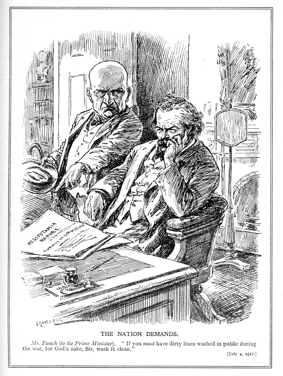 LLoydジョージは、1914年のパンチ誌からの漫画、1917年7月のイギリスのイラク侵攻に関するレポート（メソポタミア）でパンチ氏に非難されました 作： レオナルドレイヴンヒル