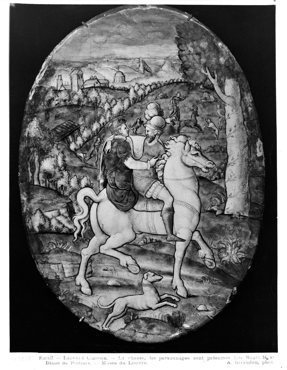 狩猟、肖像画はアンリ2世（1519-59）とダイアンドポワティエ（1499-1566）（エナメル）と推定 作： レナード・リモシン