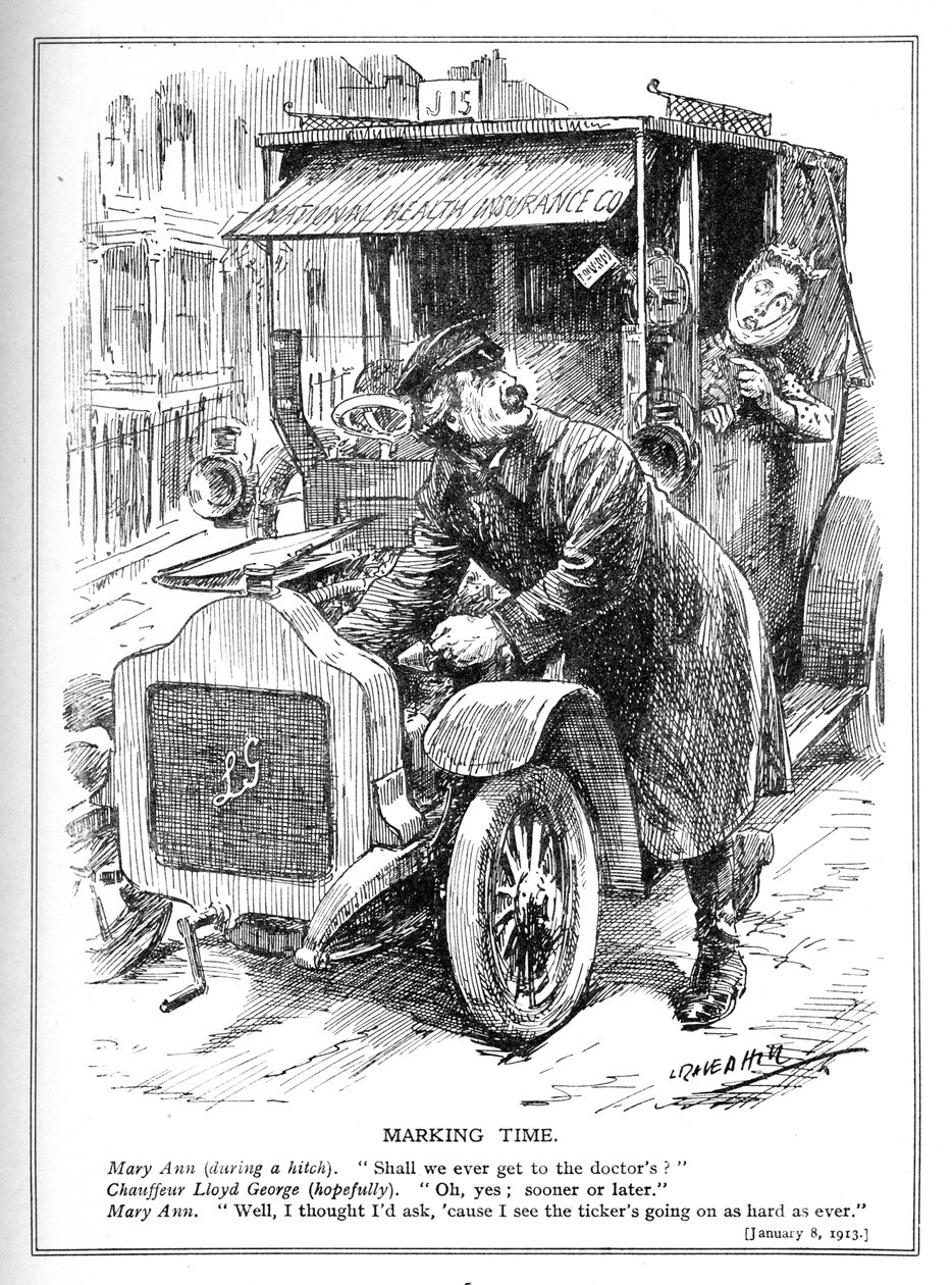 ロイドジョージは1913年に彼の国民健康保険法の下で医者に患者を連れて行くのが遅れています 作： レオナルドレイヴンヒル