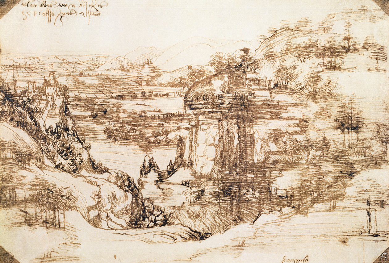 アルノ風景、1473年8月5日（紙にペンとインク） 作： レオナルド・ダ・ヴィンチ