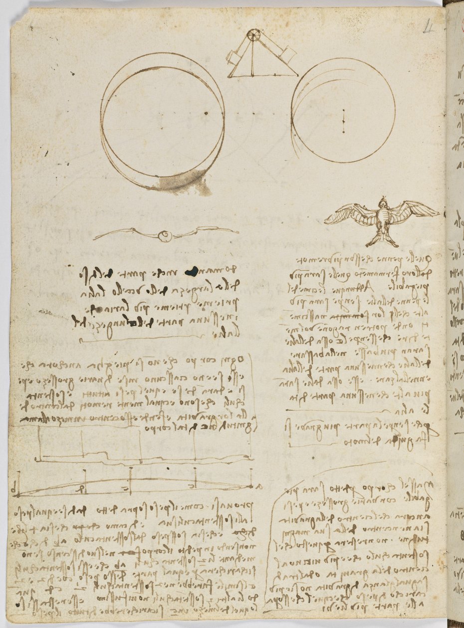 鳥のフライトコード、c。 1505-06、紙の原稿、CC。 18、シート4面 作： レオナルド・ダ・ヴィンチ