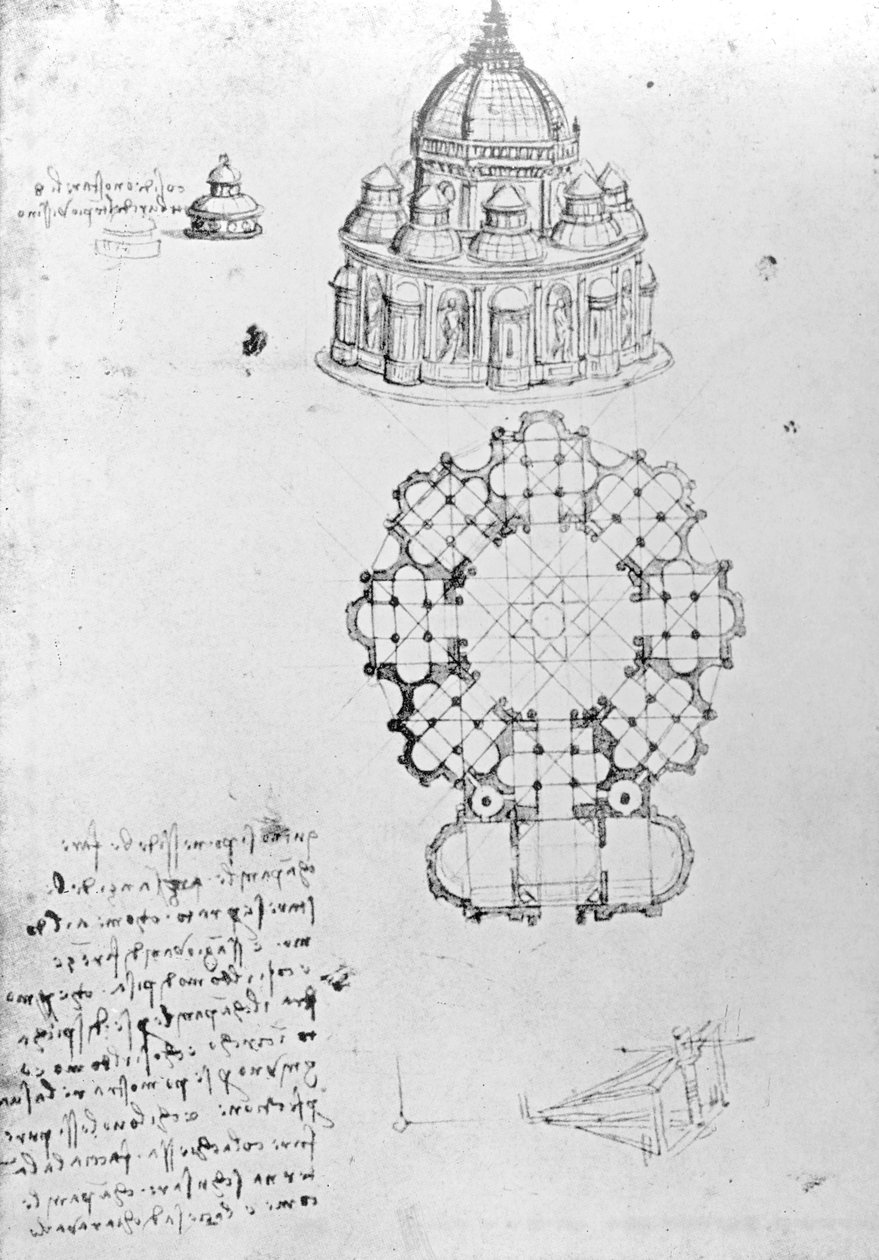 一元化された教会、および海洋工学、フォル。 Codex Ashburnhamからの5v（以前の原稿B（2184）の一部、c.1488 作： レオナルド・ダ・ヴィンチ