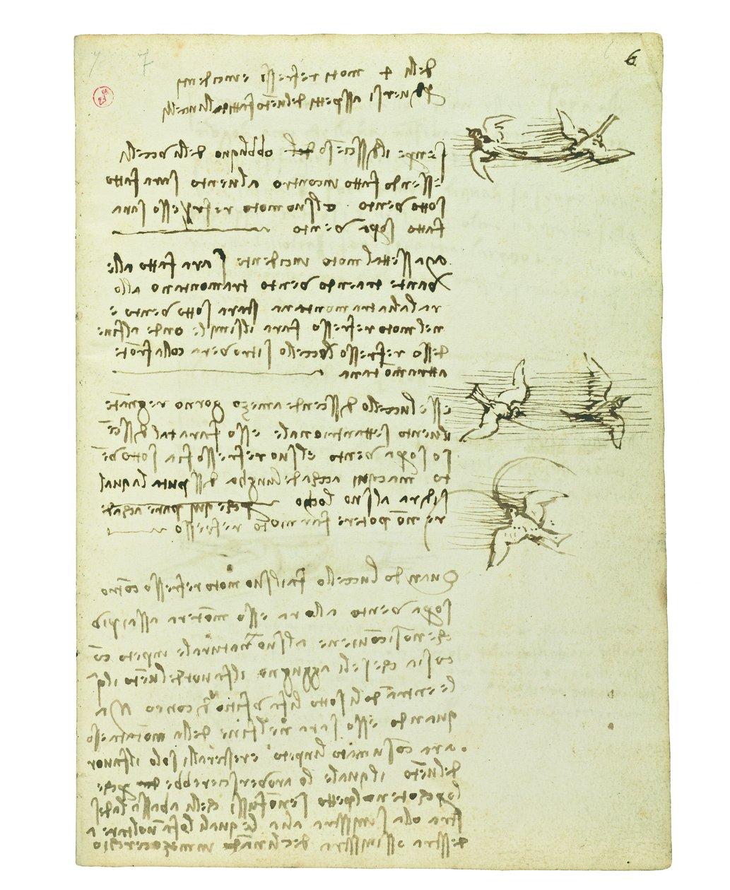 鳥の飛行に関するコーデックス、Folio 6 Recto 作： レオナルド・ダ・ヴィンチ