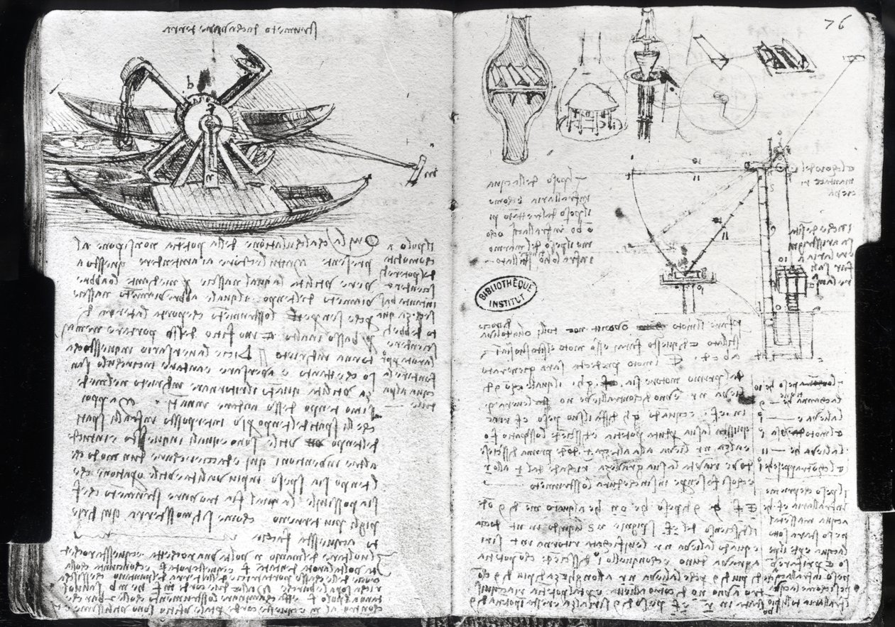 浚渫船とさまざまな油圧機械の設計Paris Manuscript E、1513-14の75vおよび76r（紙にペンとインク） 作： レオナルド・ダ・ヴィンチ