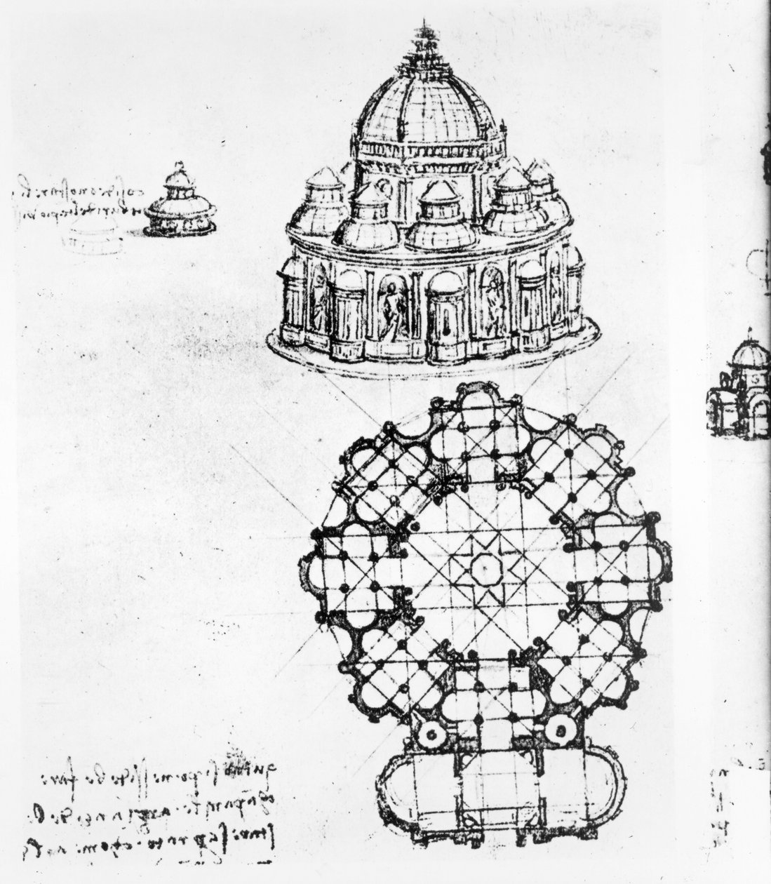 一元化された教会の詳細、1488年頃のペンとインク、黒いチョークで洗う 作： レオナルド・ダ・ヴィンチ