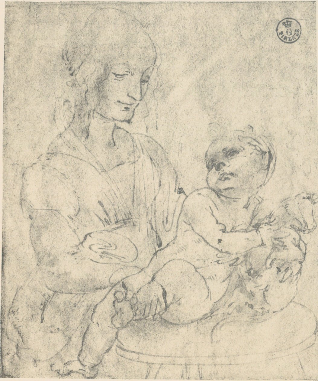 ウフィツィ美術館に保管されているレオナルドダヴィンチが描いた子猫をなでるマドンナとチャイルド 作： レオナルド・ダ・ヴィンチ