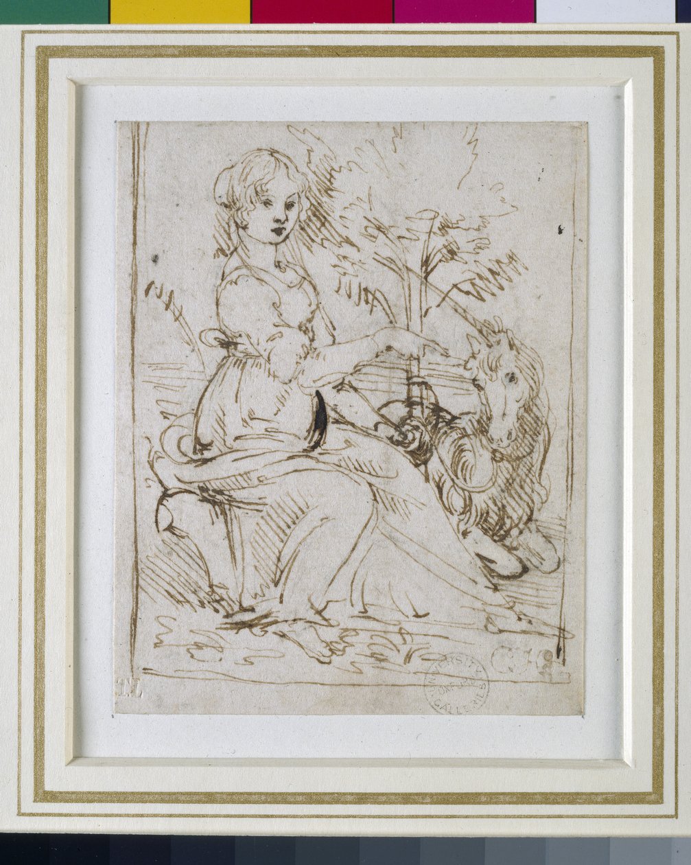 ユニコーンの女性、c.1480（ペンとダークブラウンのインク） 作： レオナルド・ダ・ヴィンチ