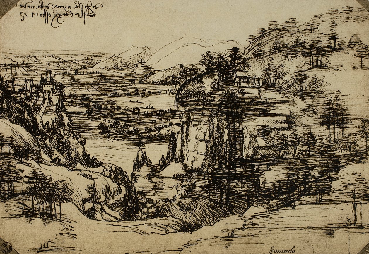 アルノ渓谷の風景、紙にペン、レオナルドダヴィンチ（1452〜1519年）、描画と版画のキャビネット、ウフィツィ美術館、フィレンツェ 作： レオナルド・ダ・ヴィンチ