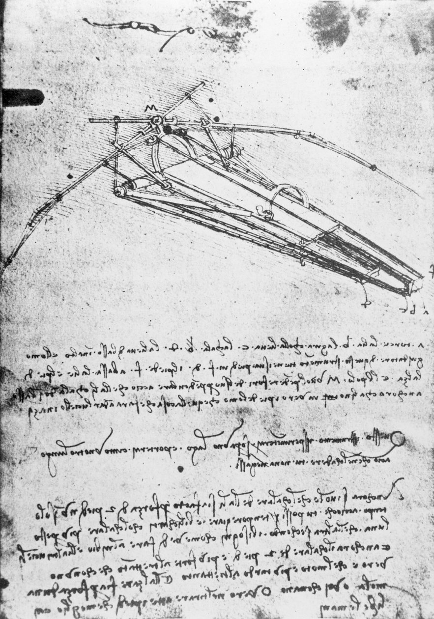 MS B 2173、フォリオ74v：飛行機械の研究、1487-1490 作： レオナルド・ダ・ヴィンチ