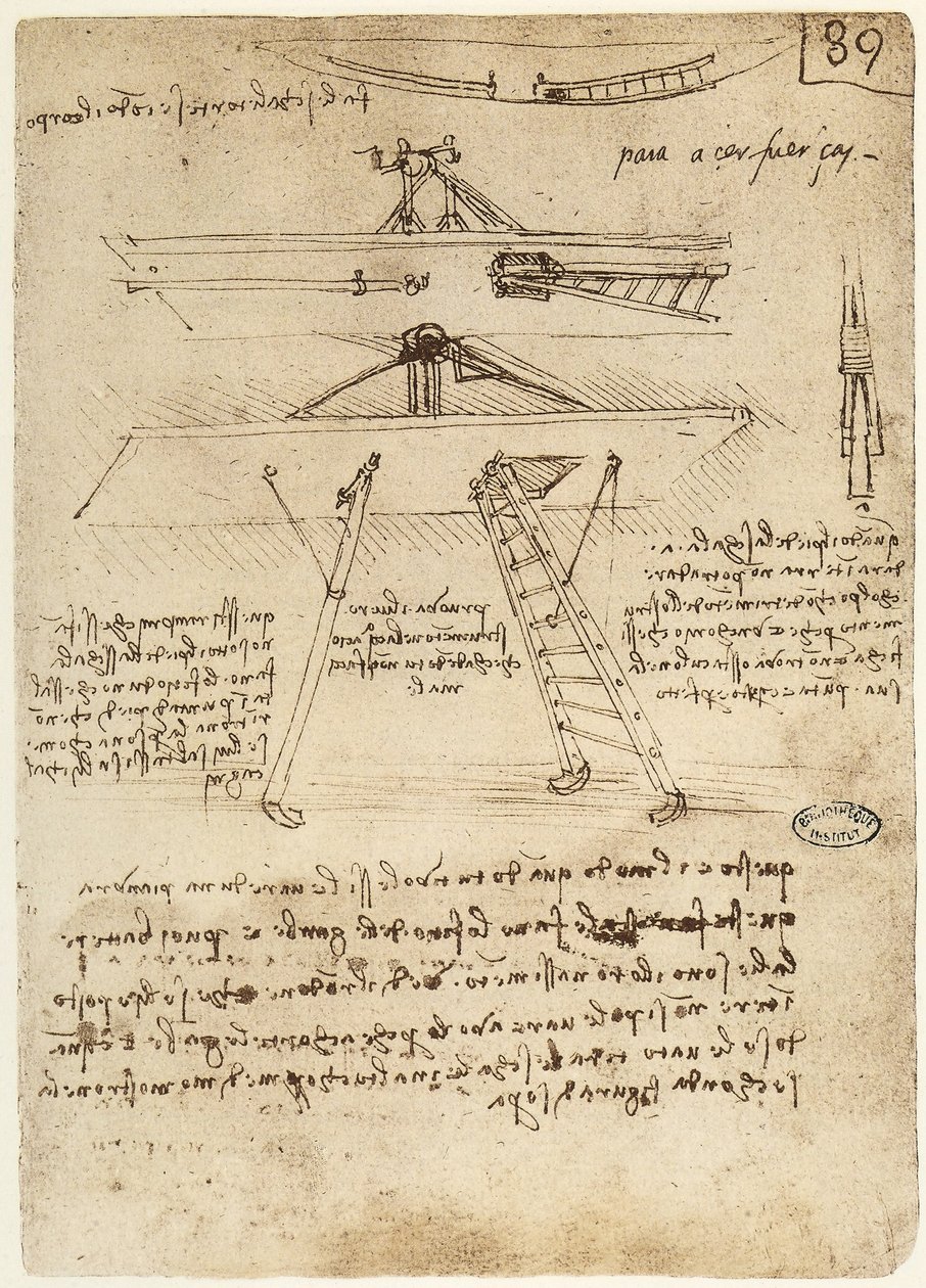 Ms B fol.89r飛行機械の離着陸装置、1487-90 作： レオナルド・ダ・ヴィンチ