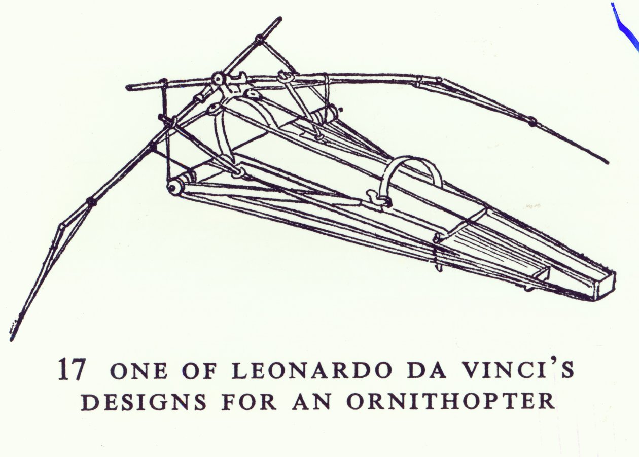 レオナルドダヴィンチのOrnithopterのためのデザインの1つ、原稿B、1488年から89年の図のコピー 作： レオナルド・ダ・ヴィンチ