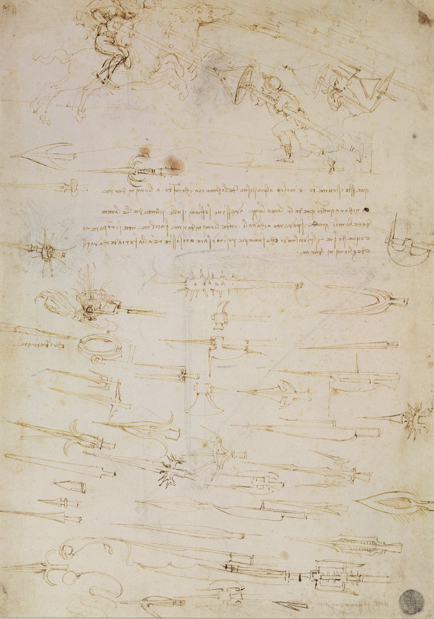 歩兵と騎兵とハルバードの研究シート、1485-1488（紙にペンとインク） 作： レオナルド・ダ・ヴィンチ
