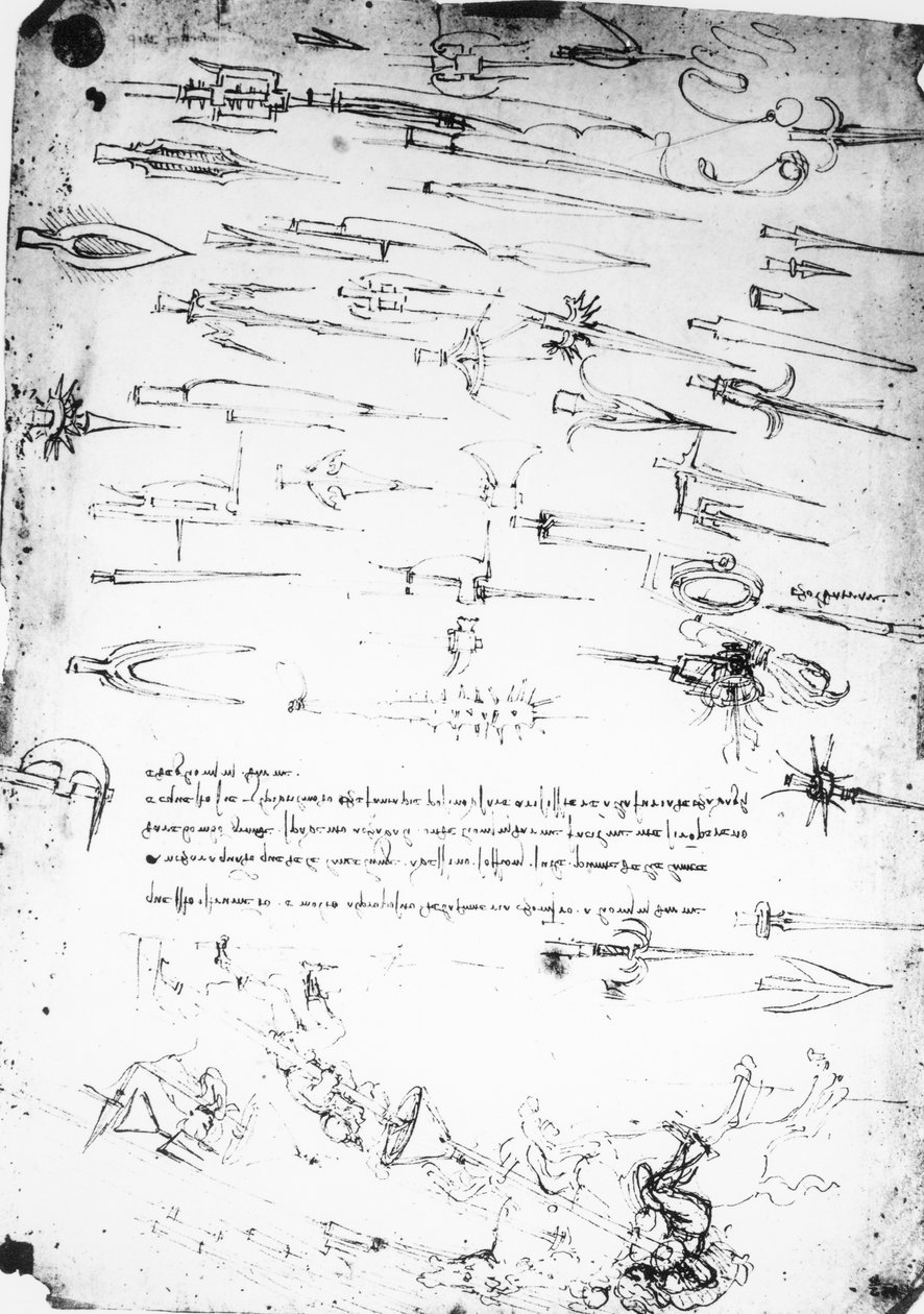 戦闘中の歩兵と騎手、およびハルバードの研究シート、1485-1488 作： レオナルド・ダ・ヴィンチ