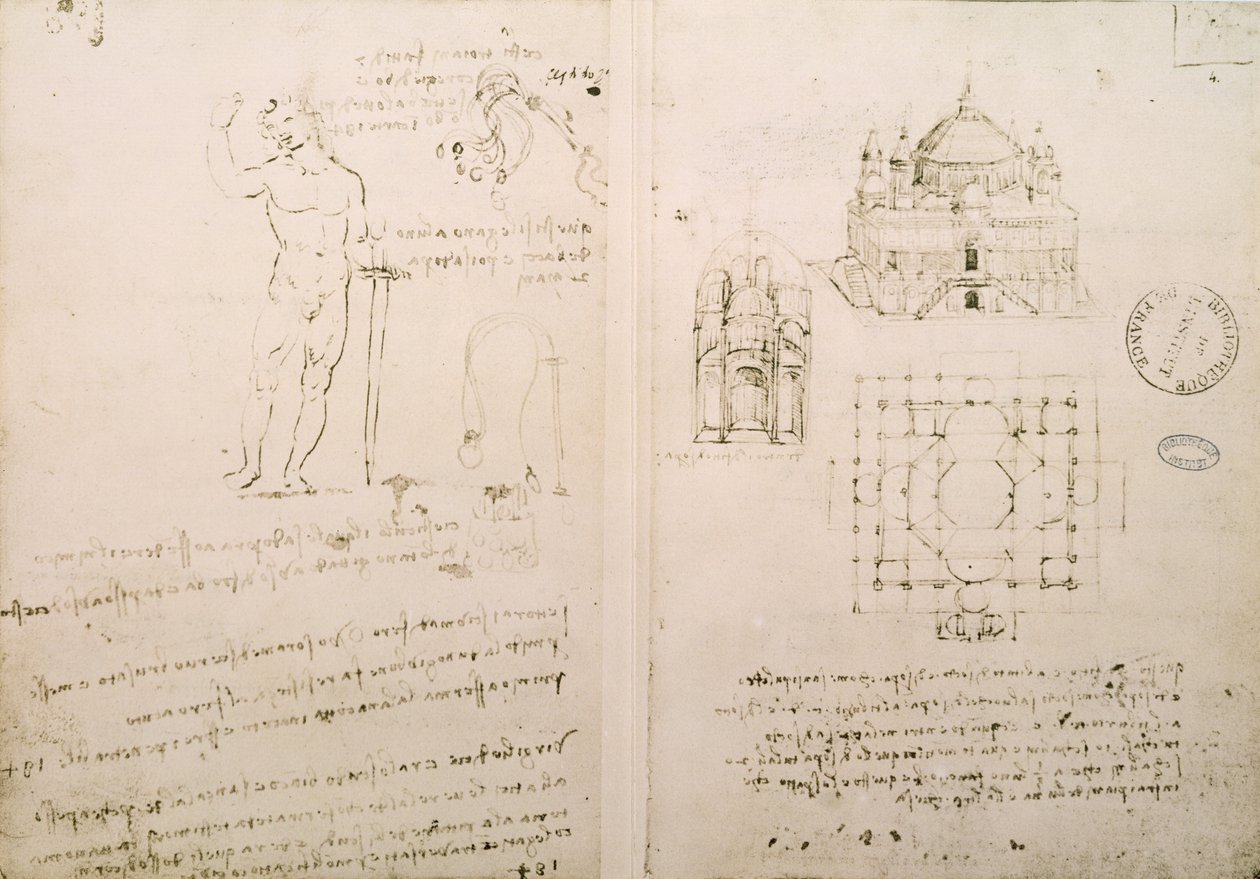 ミラノの聖セポルクロに似た教会のスケッチ。 Codex Ashburnham IおよびIIからの4r（以前のMs B（2184）およびMs A ...