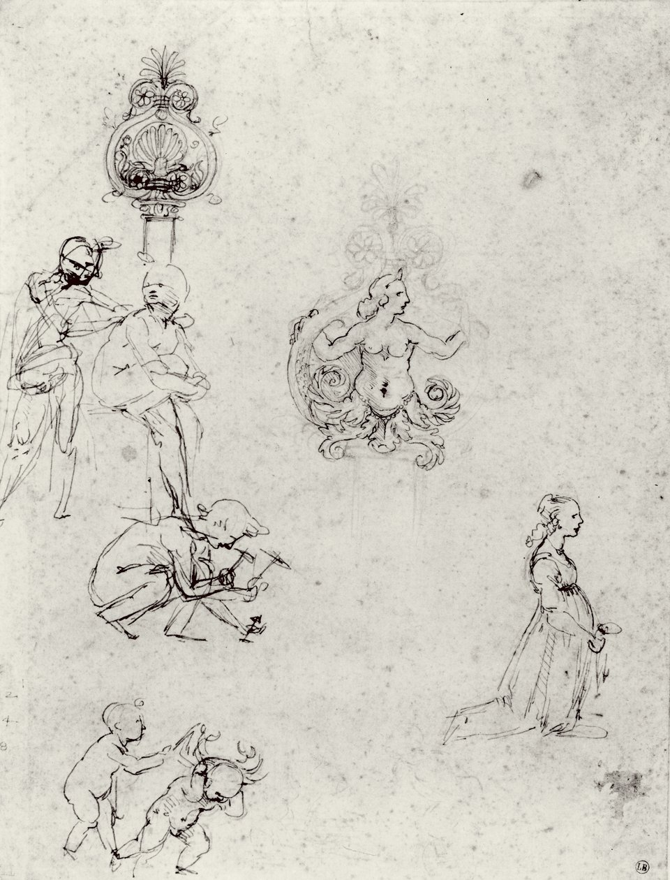 イチジクと装飾の研究、c.1480-82（ペンとインクと金属の先端） 作： レオナルド・ダ・ヴィンチ