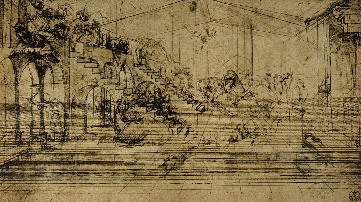 レオナルドダヴィンチの描く遠近法の研究。内閣描画と版画、ウフィツィ美術館、フィレンツェ 作： レオナルド・ダ・ヴィンチ