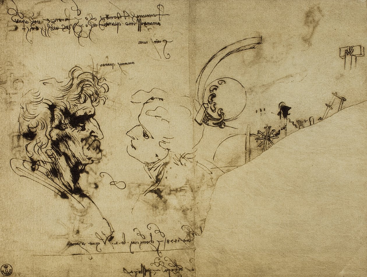 さまざまな人物と老人の頭の研究。レオナルド・ダ・ヴィンチの絵。内閣描画と版画、ウフィツィ美術館、フィレンツェ 作： レオナルド・ダ・ヴィンチ