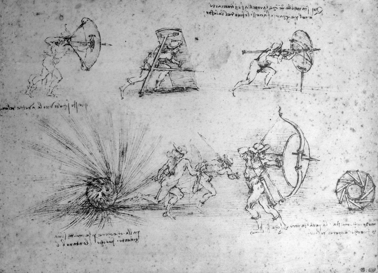 歩兵と爆発爆弾のための盾を使った研究、c.1485-88（紙にペンとインク） 作： レオナルド・ダ・ヴィンチ