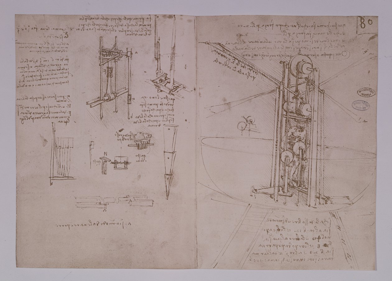垂直に立っている鳥の翼のフライングマシン、fol。 Paris Manuscript Bの80r、1488-90（紙にペンとインク） 作： レオナルド・ダ・ヴィンチ