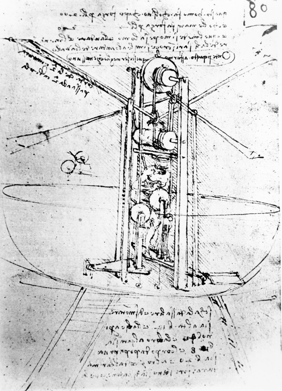 垂直に立っている鳥の翼の飛行機械、fol。 Paris Manuscript Bの80r、1488-90（紙にペンとインク） 作： レオナルド・ダ・ヴィンチ