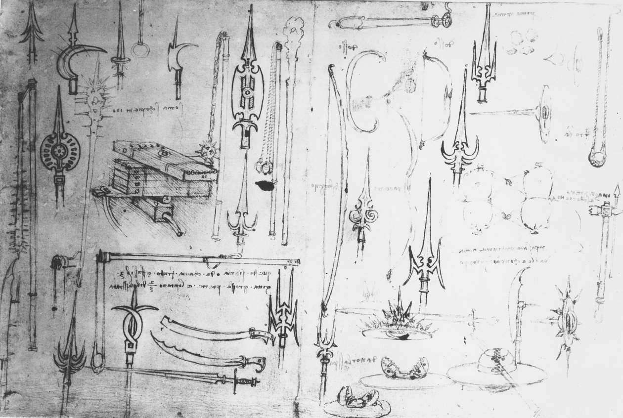武器と盾、c.1487-88（紙にペンとインクが付いたメタルポイント） 作： レオナルド・ダ・ヴィンチ