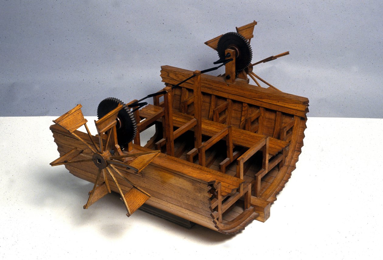 車輪付き推進艇。レオナルド・ダ・ヴィンチ(Leonardo da Vinci)の図面からの模型。ミラノの科学技術博物館。 作： レオナルド・ダ（後）ヴィンチ