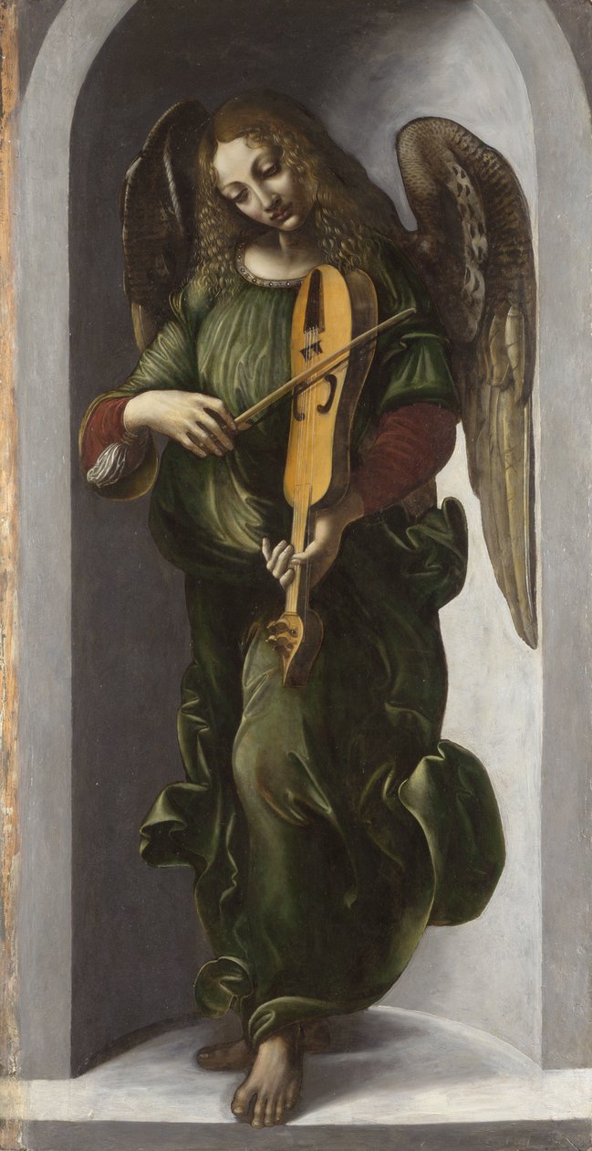 レオナルド・ダ・ヴィンチ (レオナルド・ダ・ヴィンチ) (1452-1519) の側近からの絵画「"古きものを奏でる緑の天使" (1452-1519) 1490-1499 年頃 ロンドン ナショナル ギャラリー 作： レオナルド・ダ（サークル）ヴィンチ