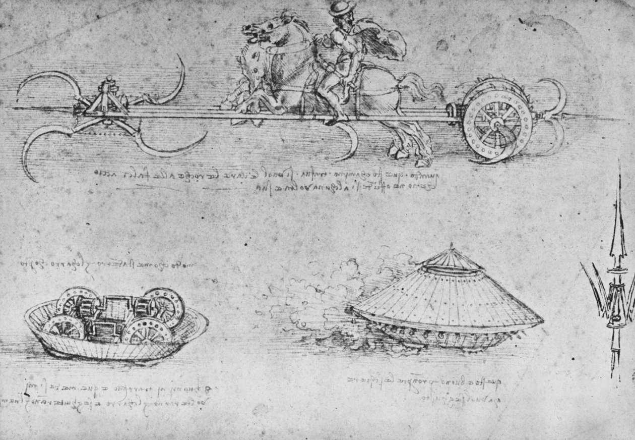 鎌で武装した戦車、一種の戦車とパルチザンの2つの図、c1480 1945 作： レオナルド・ダ・ヴィンチ