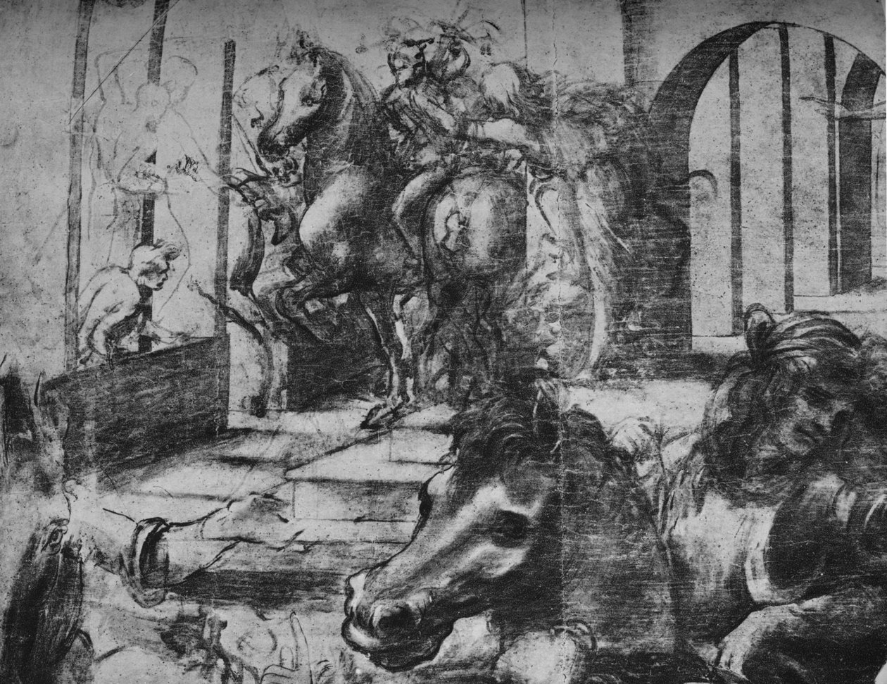 賢者の礼拝-左の背景にある建築と人物、c1481 1945 作： レオナルド・ダ・ヴィンチ