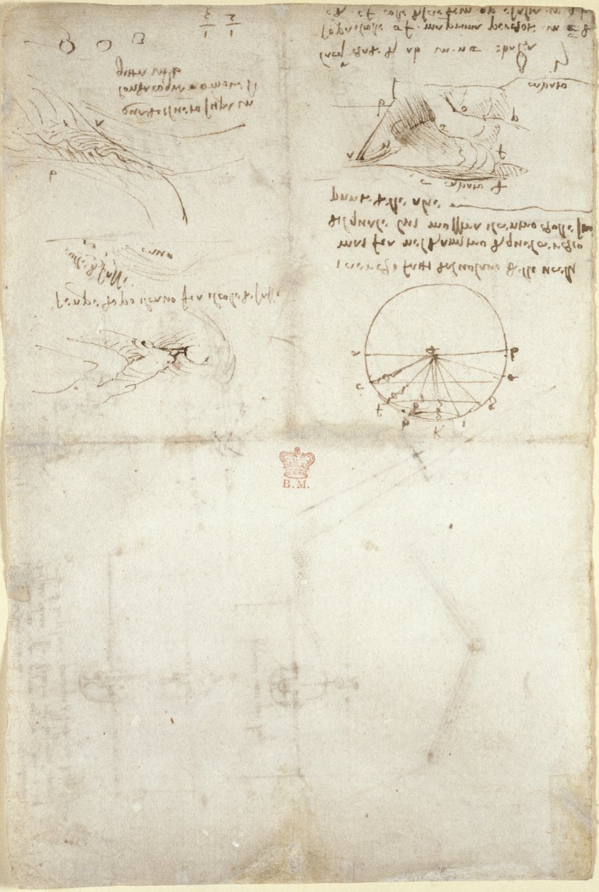 Arundel 263, f.126v 水に関する 3 つのメモとスケッチ。 鳥の飛行図、c.1500-5（紙にペンとインク） 作： レオナルド・ダ・ヴィンチ