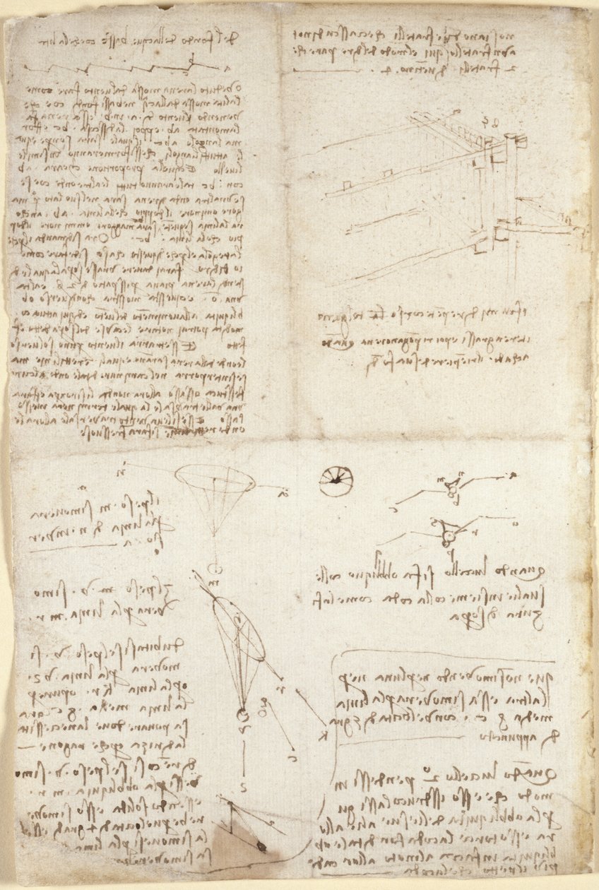 Arundel 263、f.129v、「Codex Arundel」のメモ、図表、スケッチ (紙にペンとインク) 作： レオナルド・ダ・ヴィンチ