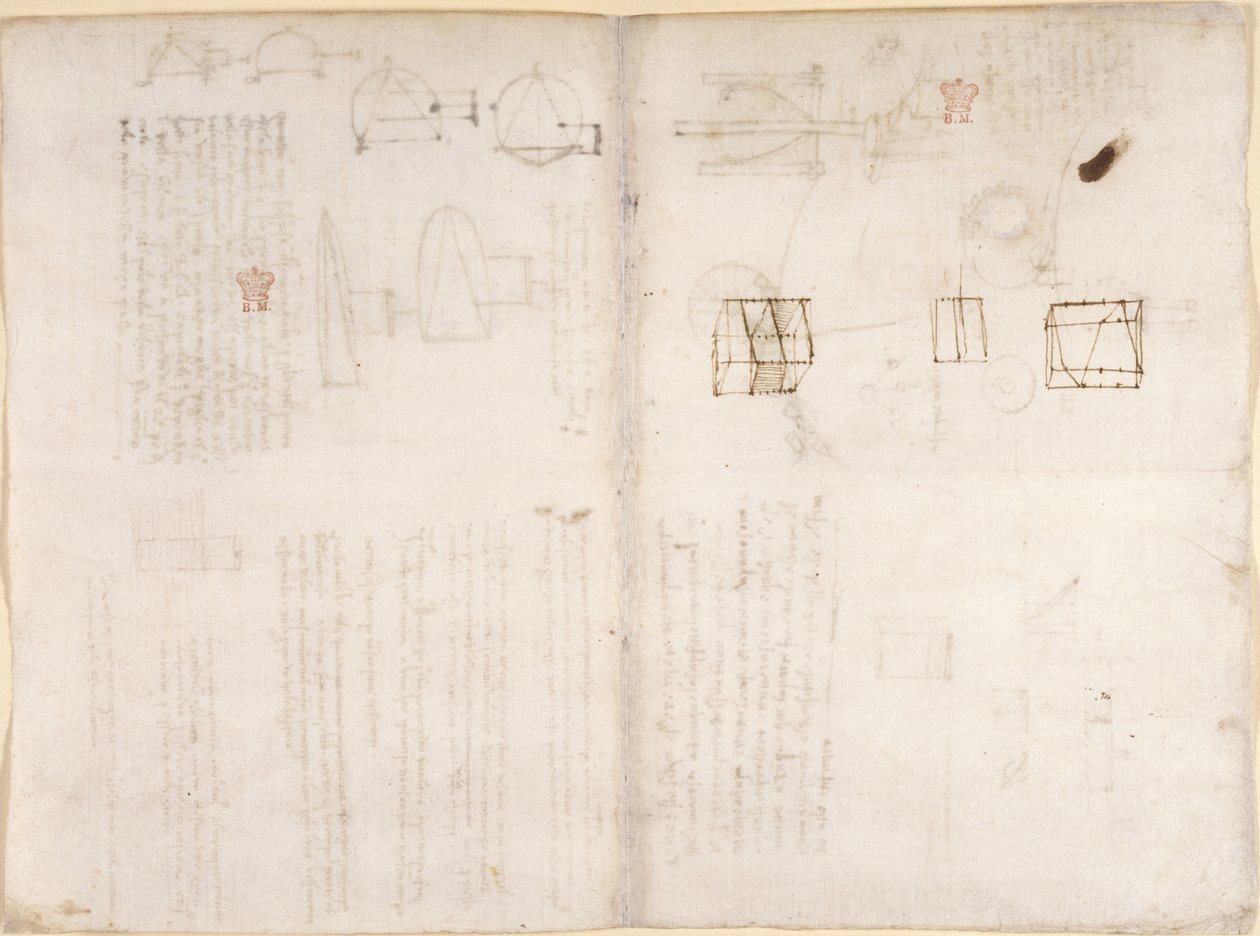 Arundel 263、f.130v、f.133 「Codex Arundel」からの図付きの空白ページ (紙にペンとインク) 作： レオナルド・ダ・ヴィンチ