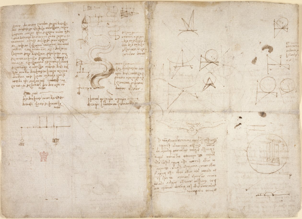 Arundel 263、f.135v、f.134、力学に関するメモと図。 「Codex Arundel」からの川の流れと水の流れに関するメモと概略図、1503年頃（紙にペンとインク） 作： レオナルド・ダ・ヴィンチ