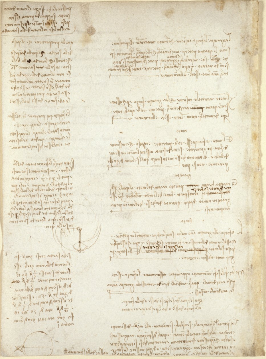 Arundel 263、f.151v、「Codex Arundel」のメモと概略図 (紙にペンとインク) 作： レオナルド・ダ・ヴィンチ