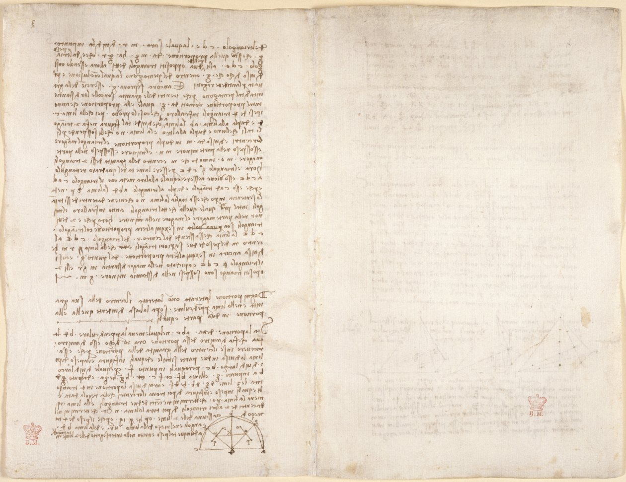 Arundel 263、f.215v、f.218 「Codex Arundel」のメモと図 (紙にペンとインク) 作： レオナルド・ダ・ヴィンチ
