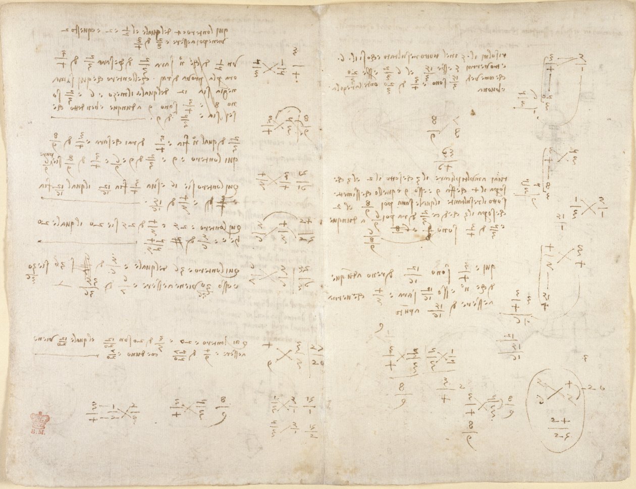 アランデル 263、f.220v、f.221、メモ; 「Codex Arundel」からの数学的計算 (紙にペンとインク) 作： レオナルド・ダ・ヴィンチ