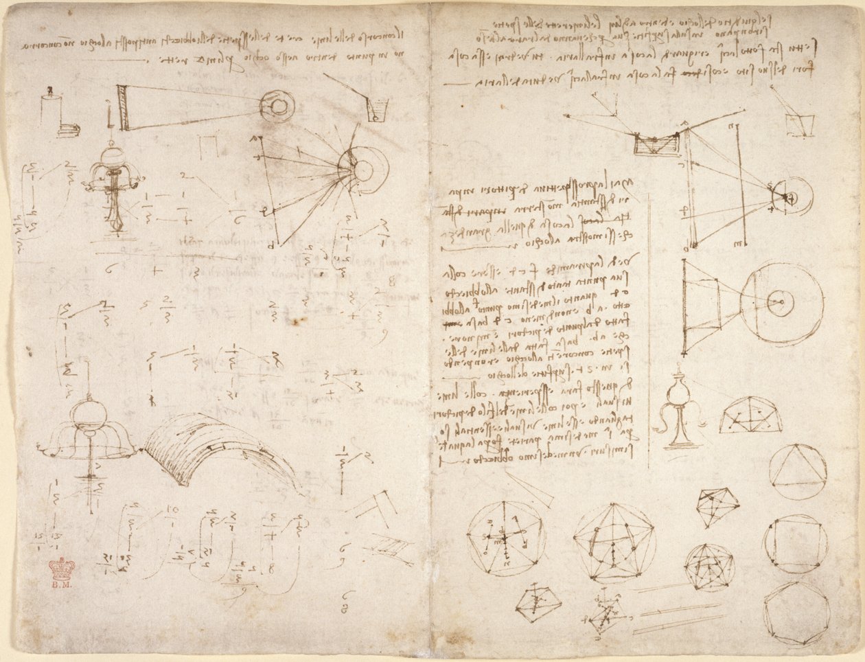 Arundel 263, f.221v, f.220 「Codex Arundel」のメモ、図表、スケッチ (紙にペンとインク) 作： レオナルド・ダ・ヴィンチ