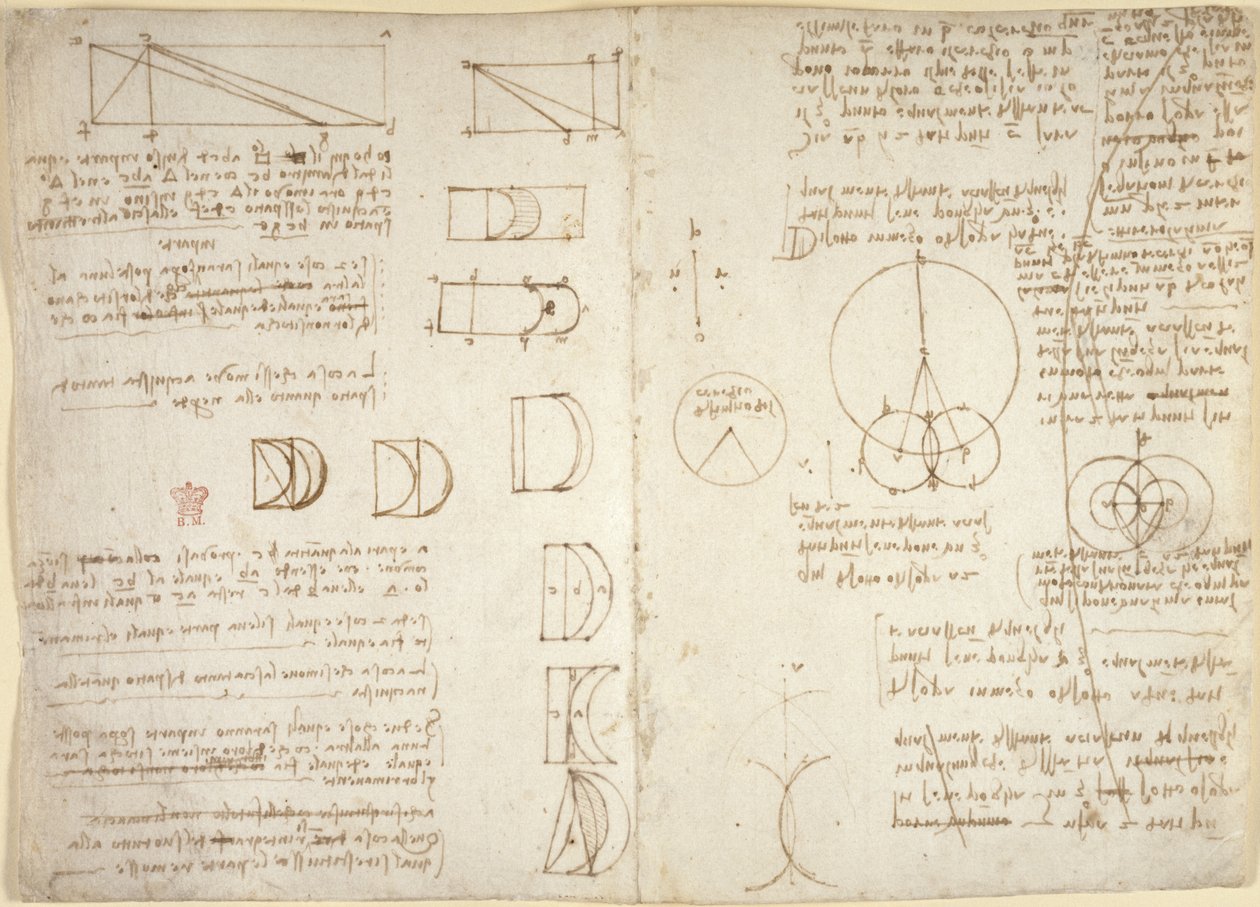 Arundel 263、f.222v、f.219、機械的な力と力、打楽器、重力、運動、光学、天文学に関するドローイングと、さまざまな算術的および幾何学的な命題 (紙にペンとインク) 作： レオナルド・ダ・ヴィンチ