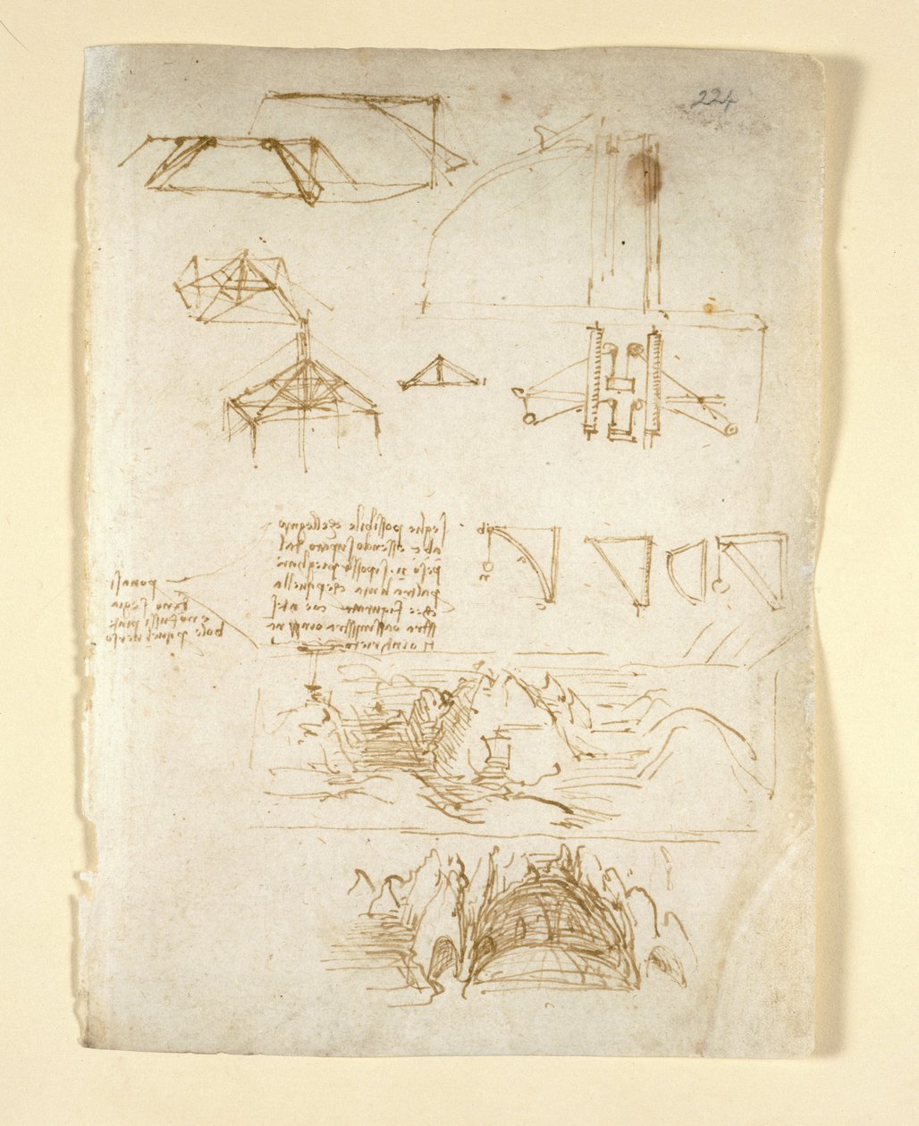 Arundel 263, f.224 メモと図。 「Codex Arundel」からの山と洞窟のスケッチ (紙にペンとインク) 作： レオナルド・ダ・ヴィンチ