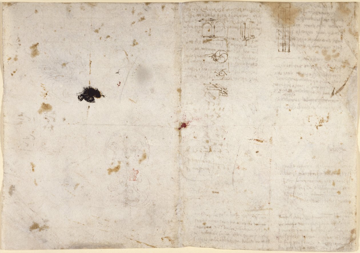 Arundel 263, f.225v, f.230 機械的な力と力、パーカッション、重力、運動、光学、天文学に関するドローイングと、さまざまな算術的および幾何学的な命題 (紙にペンとインク) 作： レオナルド・ダ・ヴィンチ