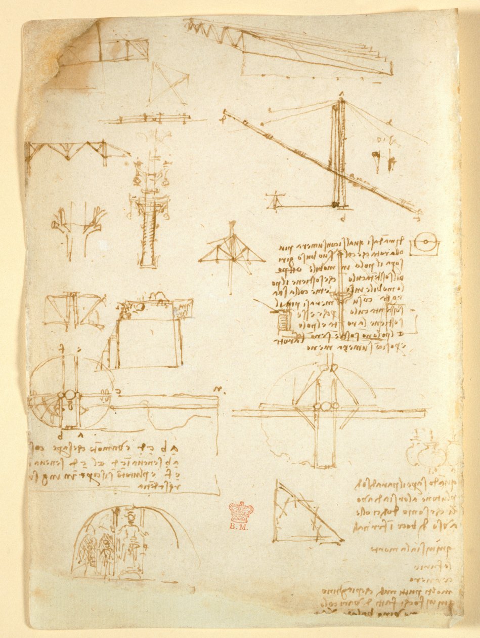 Arundel 263 f.231v、「Codex Arundel」のメカニズムに関するメモとスケッチ (紙にペンとインク) 作： レオナルド・ダ・ヴィンチ