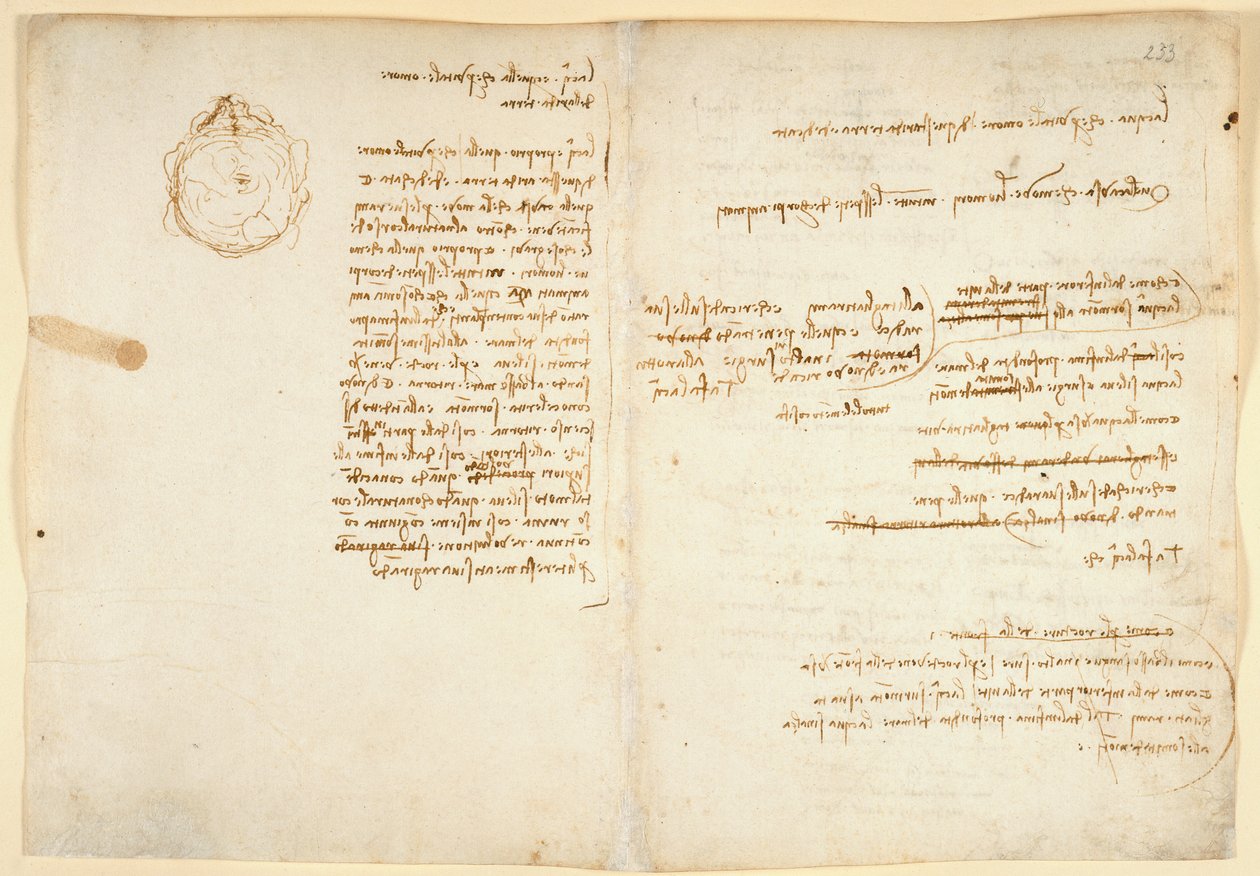 Arundel 263 f.236v、f.233 水に関するメモ。 「Codex Arundel」の地球儀を示すスケッチ (紙にペンとインク) 作： レオナルド・ダ・ヴィンチ